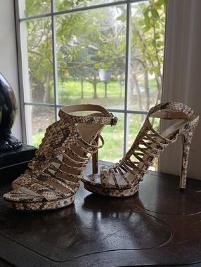 Brian Atwood Snake-Print Strappy High Heels
